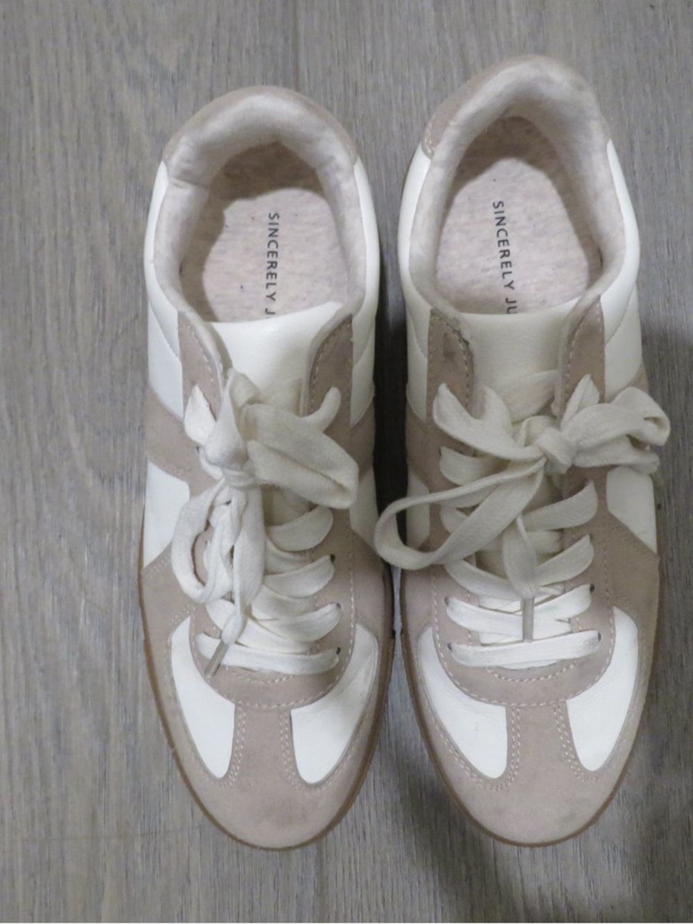 Sincerely Jules White and Taupe Suede-Trim Sneakers